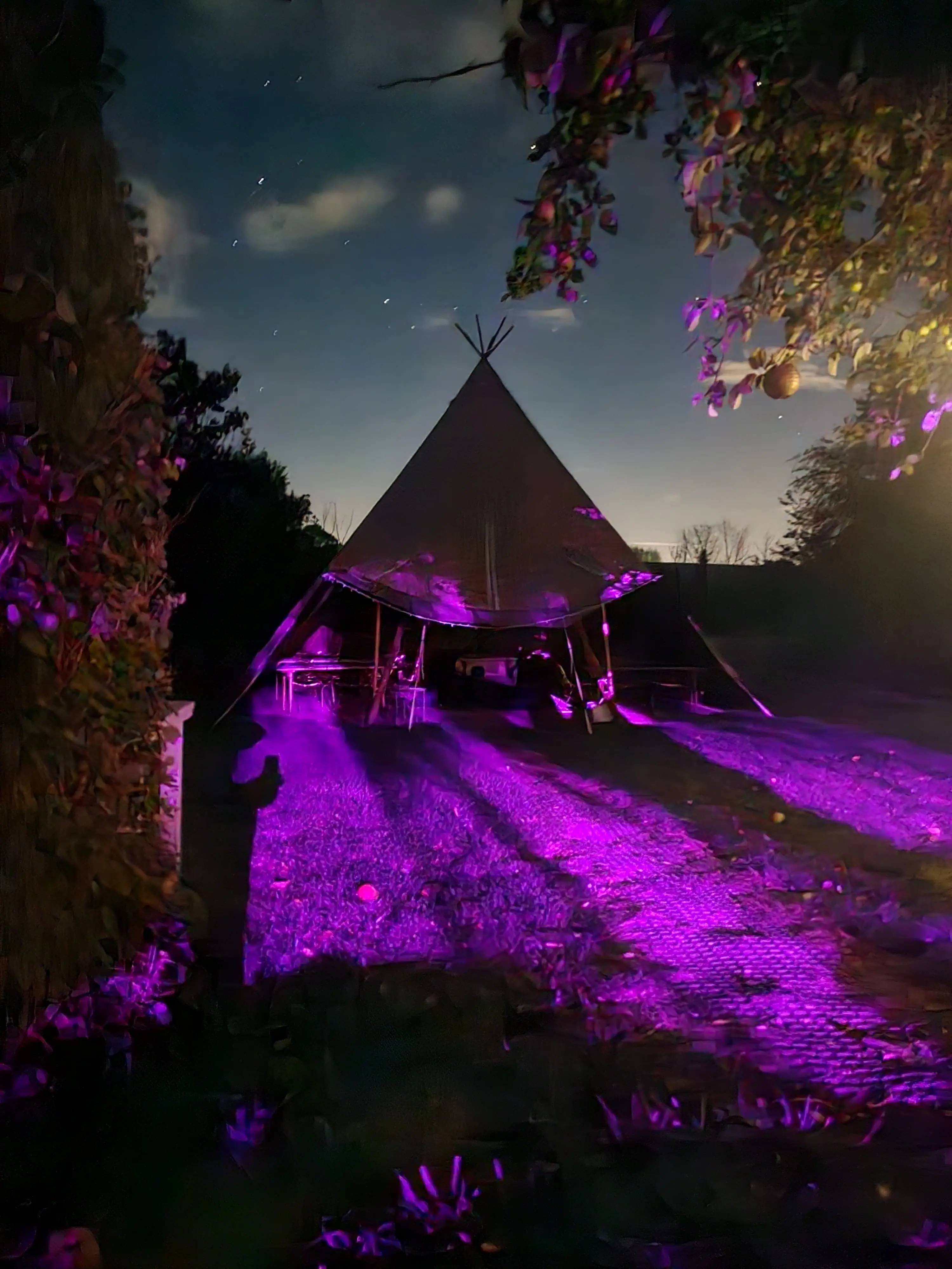 Tipi at night with purple lights